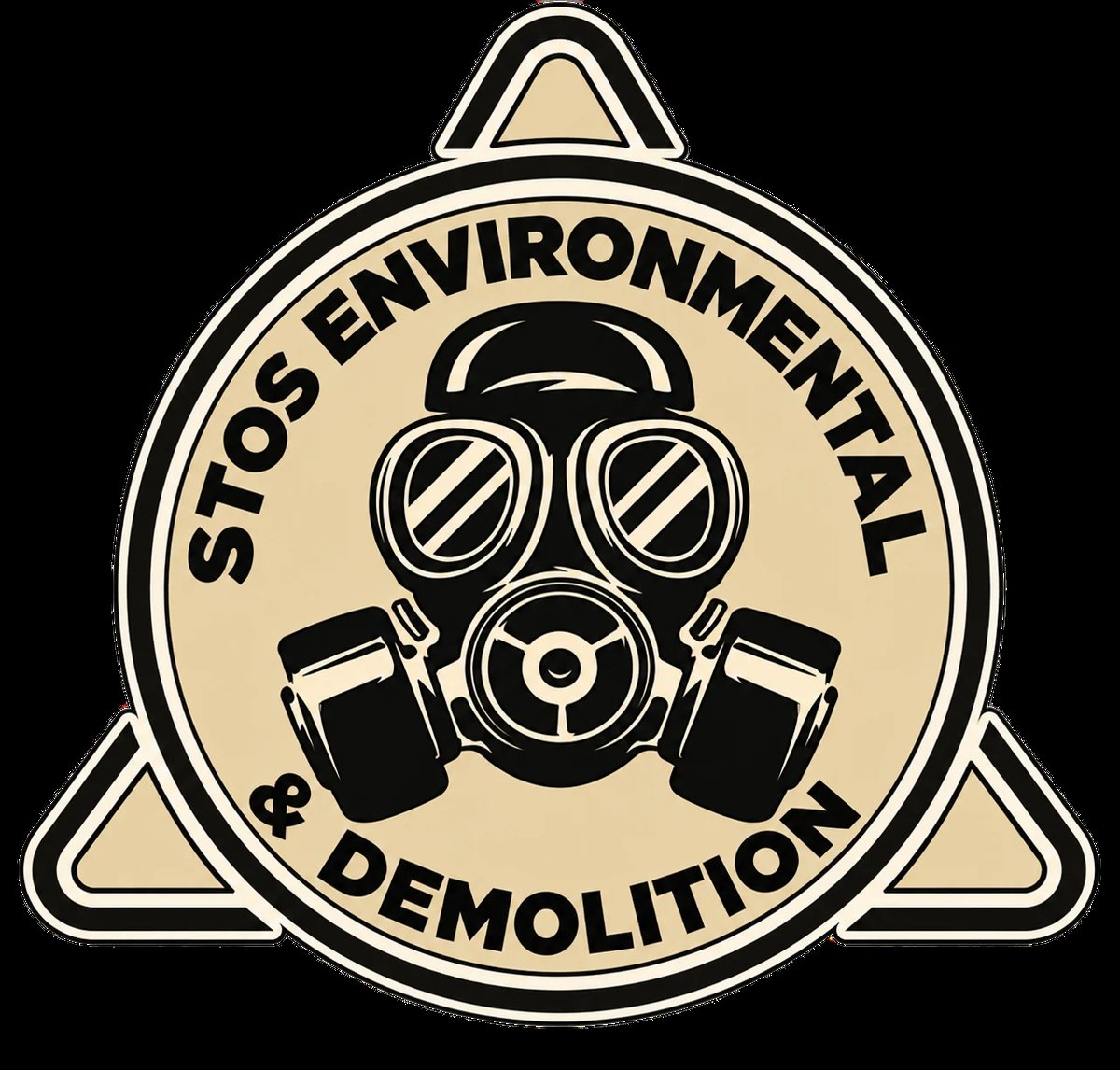 STOS Environmental and Demolition logo featuring a gas mask with radiation/hazard striped goggles, centered in a circular badge with warning triangles